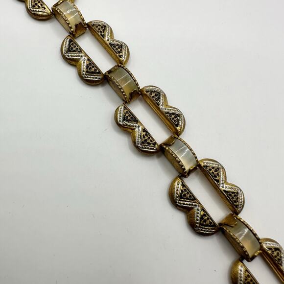 Vintage Bracelet 7" Spain Damascene Mother of Pearl Link Etched Copper Retro - Picture 8 of 11